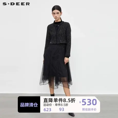 sdeer圣迪奥女装小香风格纹网纱连衣裙套装S23461403图片