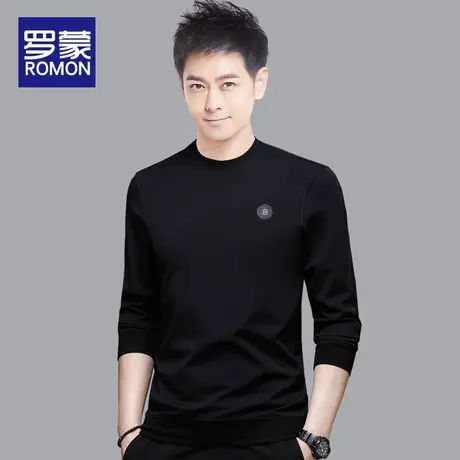 罗蒙卫衣男装上衣2021秋季新款圆领休闲运动套头衫男士黑色打底衫图片