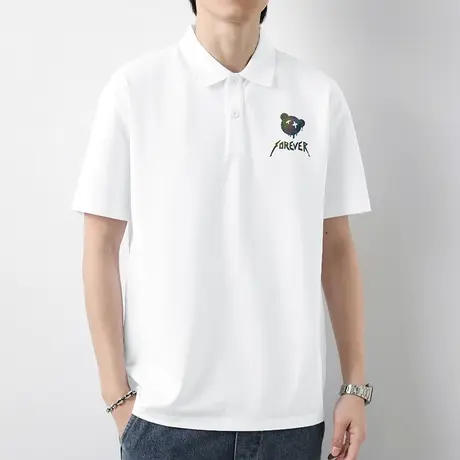 2023新款翻领polo衫冰丝短袖t恤男夏季凉感小熊有领半袖白色体恤商品大图