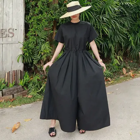 纯诗曼夏装新款棉麻短袖连体裤女九分阔腿连体衣宽松大码亚麻裤子商品大图