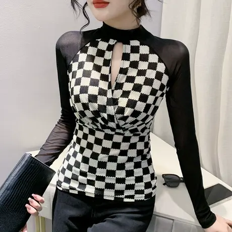 性感镂空网纱T恤女长袖2023春秋新款时尚格子上衣紧身内搭打底衫商品大图