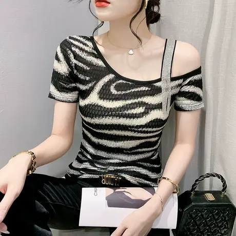 性感露肩网纱T恤女短袖2023夏季新款洋气印花小衫设计感流苏上衣商品大图