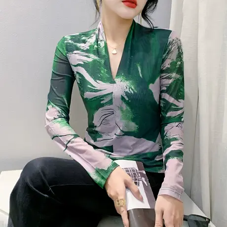 欧货网纱打底衫女长袖2023秋季新款性感V领修身上衣扎染印花T恤潮商品大图