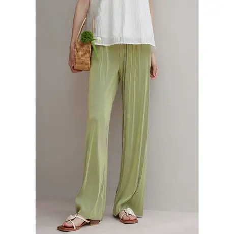 弥古绿色阔腿裤女冰丝凉凉裤夏季薄款裤子三宅褶皱垂感拖地裤长裤商品大图