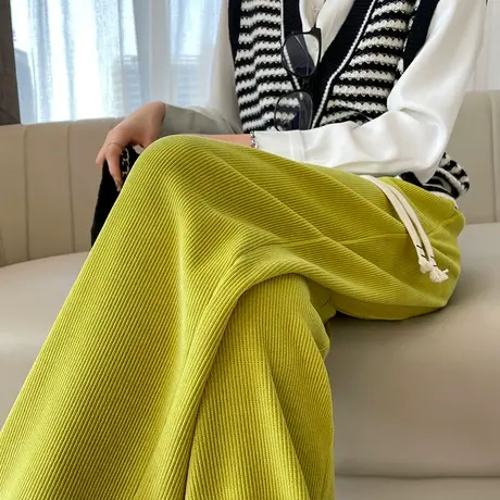 黄色灯芯绒阔腿裤女秋冬新款高腰垂感宽松显瘦休闲条绒拖地直筒裤图片