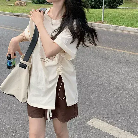 大码女夏季新款不规则宽松正肩短袖T恤胖妹妹遮肚子显瘦抽绳上衣图片