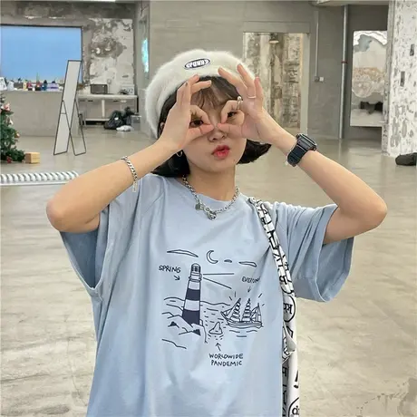 原创港风ins潮2023新款韩版夏圆领短袖百搭oversize宽松纯棉T恤女商品大图