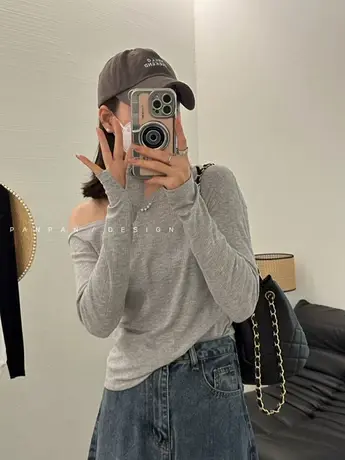 广州十三行新款斜肩净色百搭针织衫韩系垂感修身显瘦减龄上衣女图片