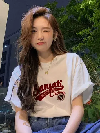 仿棉短袖t恤女装2023新款复古港味chic冷淡系高级感独特别致上衣商品大图