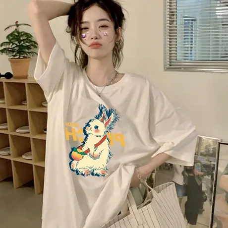 纯棉设计感兔子印花短袖t恤女夏季新款宽松小众港味chic半袖上衣商品大图