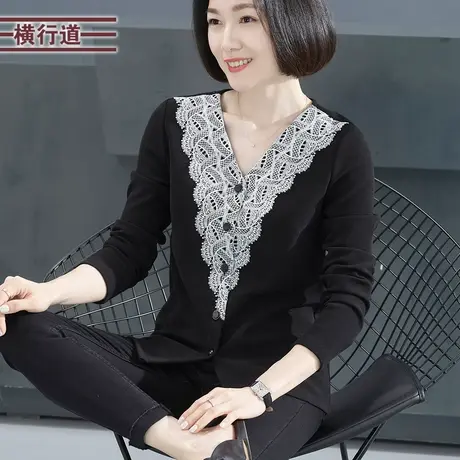 2023新款冬装V领绣花中年妈妈长袖T恤女装黑色开衫大码韩版女上衣商品大图