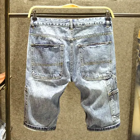 休闲斜口袋牛仔短裤男款宽松直筒潮牌裤子夏季纯棉薄款蓝色五分裤商品大图