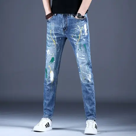 新款男士牛仔裤子时尚修身精致泼墨破洞补丁小脚裤2023秋款男潮牌商品大图