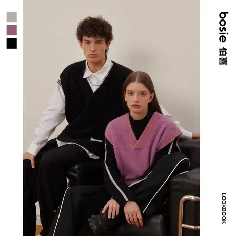 【小花人系列】bosie2023秋新款毛织背心男情侣提花针织马甲上衣商品大图