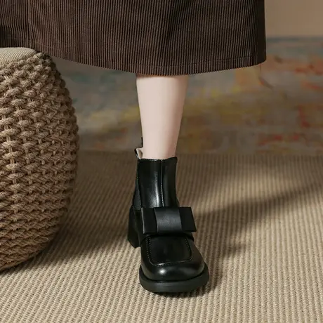 文艺复棕色圆头短靴女2023年新款秋冬蝴蝶结切尔西靴粗跟显瘦靴女图片