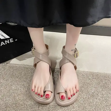 2023年夏季新款小众复古夹趾方头厚底罗马凉鞋女一字扣平底拖鞋潮商品大图