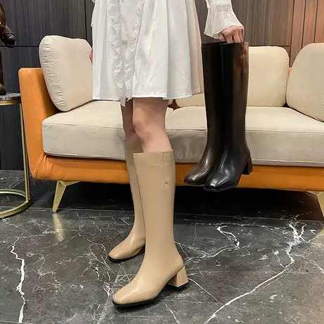 方头长靴女粗跟2022年秋冬季新款不过膝显瘦长筒靴气质软皮瘦瘦靴商品大图