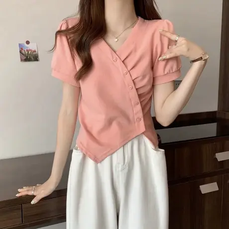 大码洋气时髦T恤短袖女装夏季正肩V领设计感不规则上衣200斤胖mm商品大图