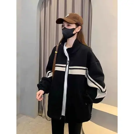 春秋季新款加绒胖mm洋气小众大码宽松棒球服休闲加厚外套女200斤商品大图