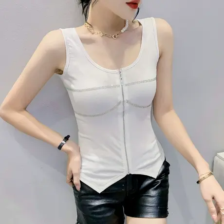 欧货白色内搭吊带背心女外穿时尚烫钻打底小衫设计感拉链无袖上衣商品大图