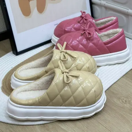 蝴蝶结包头棉拖鞋女秋冬季室内家居pu皮防水防滑保暖加绒毛毛拖鞋图片