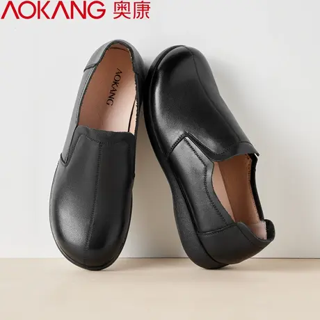 奥康皮鞋女妈妈鞋2023年秋季款舒适软底单鞋乐福鞋一脚蹬平底真皮商品大图