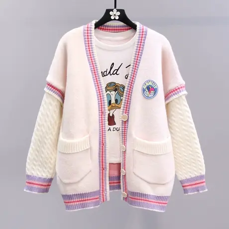 小清新撞色拼接假两件毛衣外套女秋冬2023新款宽松学院风针织开衫商品大图