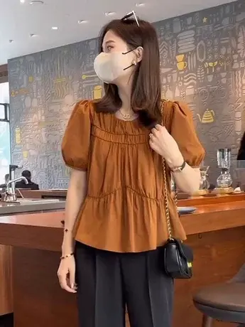 欧货设计感褶皱衬衫女夏季新款宽松法式气质娃娃衫泡泡袖小衫上衣商品大图