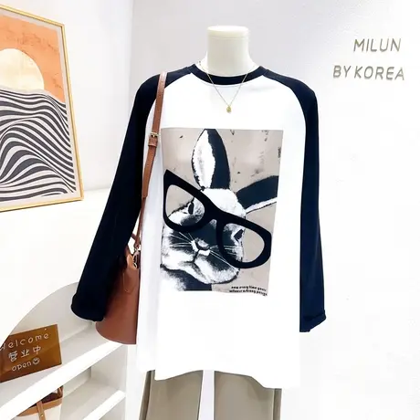 微胖显瘦穿搭2023秋款韩代眼镜兔子拼色上衣长袖T恤加厚打底大码商品大图