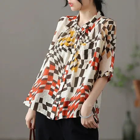 dza 复古宽松亚麻上衣女士短袖衬衣夏季新款漂亮气质薄款棉麻衬衫图片