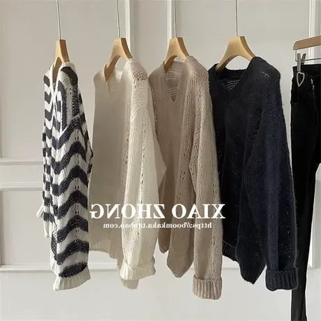 秋季新款慵懒风条纹套头针织衫软糯温柔高级感镂空薄款长袖毛衣女图片