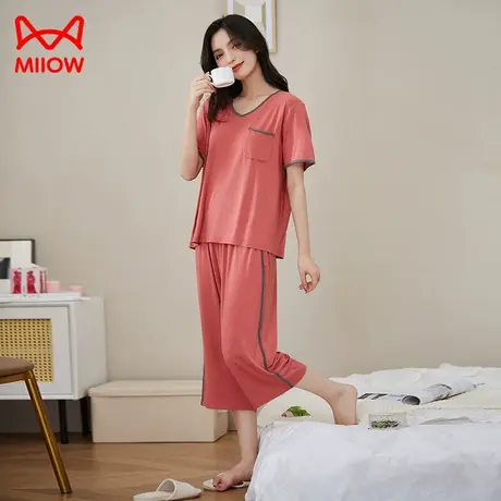 猫人睡衣女夏季冰丝短袖宽松上衣莫代尔七分睡裤可外穿套装家居服商品大图