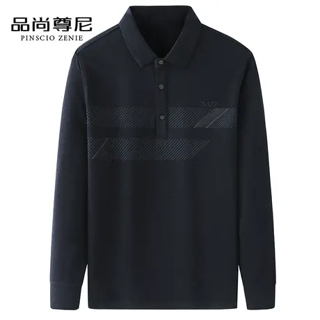 男士春秋款T恤长袖简约印花镶砖宽松POLO领休闲上衣中老年爸爸装商品大图