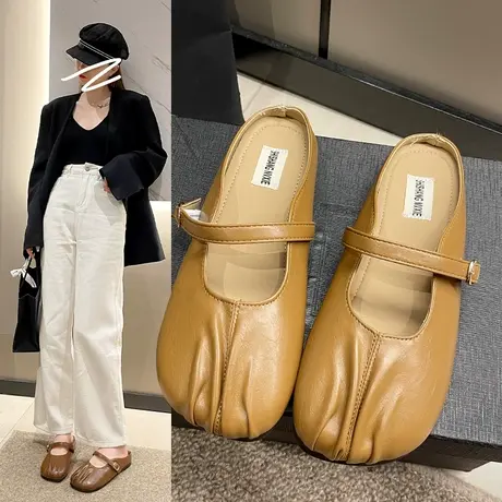 褶皱半拖鞋女夏季外穿2023新款软底复古超火懒人平底女鞋包头凉拖商品大图