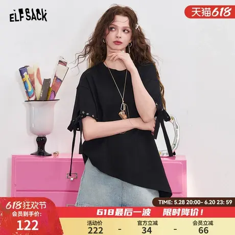 妖精的口袋黑色蝴蝶结系带爱心镂空短袖t恤女2025春夏设计感上衣图片
