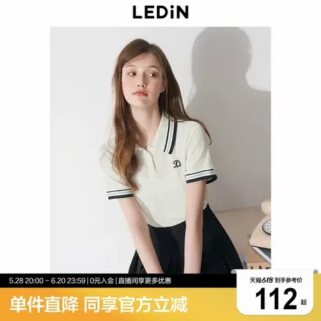 乐町韩系通勤撞色领口正肩polo衫女2025春季新款针织绣花短袖T恤商品大图