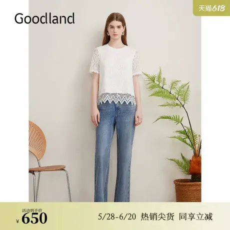 Goodland美地夏季艺术镂空肌理T恤蕾丝短袖上衣商品大图