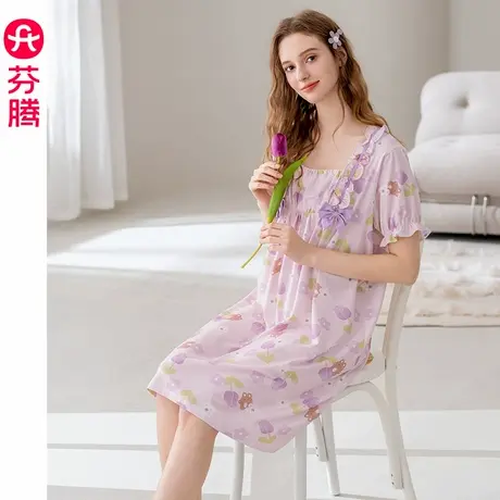 芬腾纯棉睡裙女士夏季短袖睡衣裙女款休闲透气大码全棉家居服中裙图片