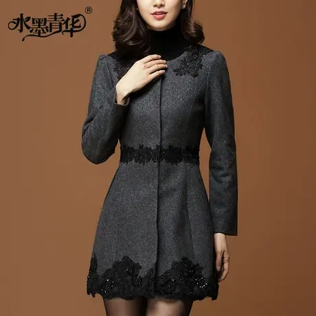 水墨青华秋装新品中长款修身时尚百搭毛呢外套大衣女图片