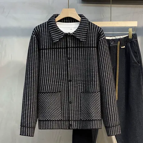 秋季新款男士格子夹克妮子毛呢短款韩版潮流休闲修身开衫翻领外套图片