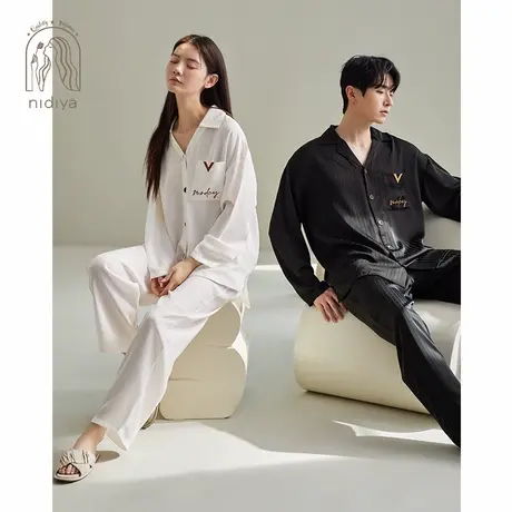 妮狄娅2024情侣睡衣女冰丝长袖开衫男简约春夏时尚轻奢家居服套装商品大图