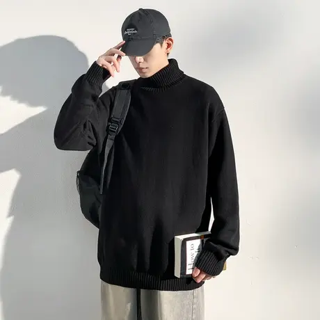 唐狮男高领毛衣冬季新款黑色内搭纯棉针织打底舒适宽松毛线衫图片
