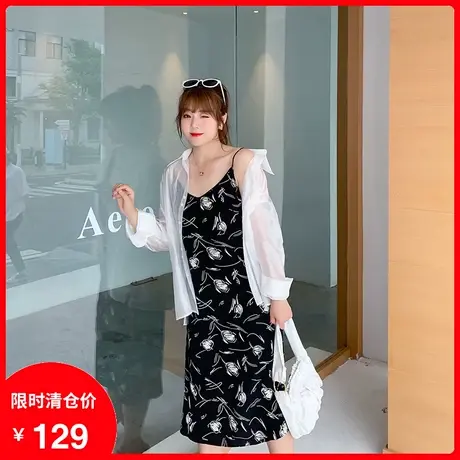 2023夏季大码套装胖mm显瘦碎花雪纺吊带裙中长款空调衫衬衣两件套图片