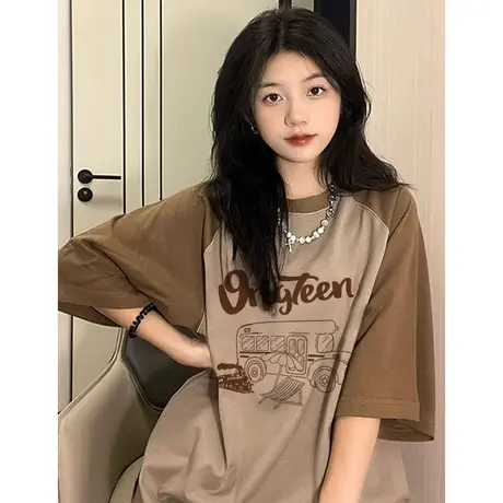 复古设计感chic插肩袖T恤短袖女夏季ins潮纯棉小众甜酷闺蜜装上衣商品大图