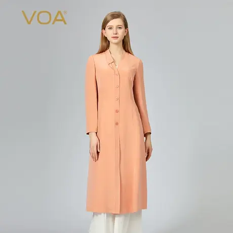 VOA30姆米重磅桑蚕丝V领长袖单排扣宽松腰粉色减龄中长款真丝外套图片