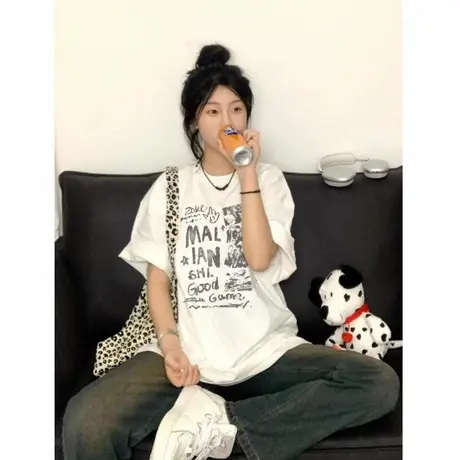 美式潮牌纯棉字母落肩短袖t恤女2025新款设计感小众宽松半袖上衣商品大图