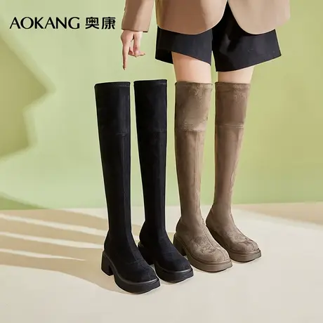 奥康 女鞋秋冬休闲百搭长筒靴过膝靴显瘦显高骑士靴女商品大图