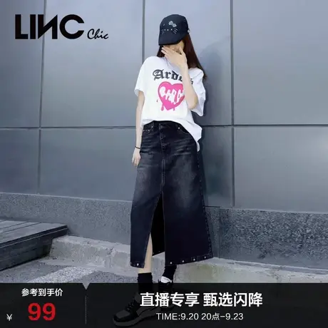LINC金羽杰裙子腰部不对称铆钉开叉牛仔半裙女912326图片