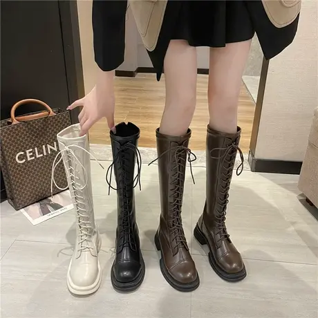 骑士靴2023年新款软皮白色靴子女中筒靴秋冬季百搭长靴马丁靴爆款图片