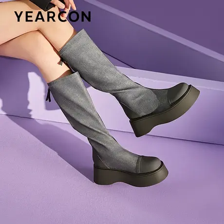 意尔康牛仔袜靴长筒靴女2023秋冬新款小个子骑士靴拼接弹力瘦瘦靴商品大图